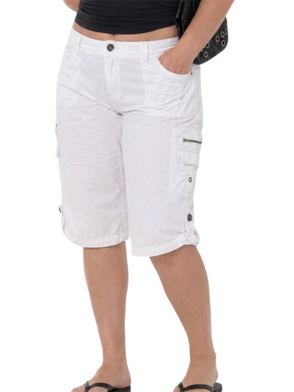 Size 1 Chicos White Cargo Capri Pants Adjustable Hem Crop Pants